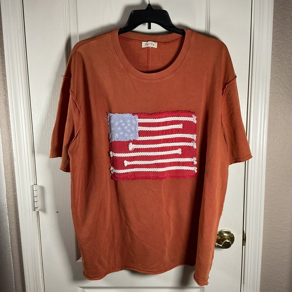 Sage & Fig Women's 3XL NWOT Orange Red Cotton T-Shirt American Flag Patch Relaxe